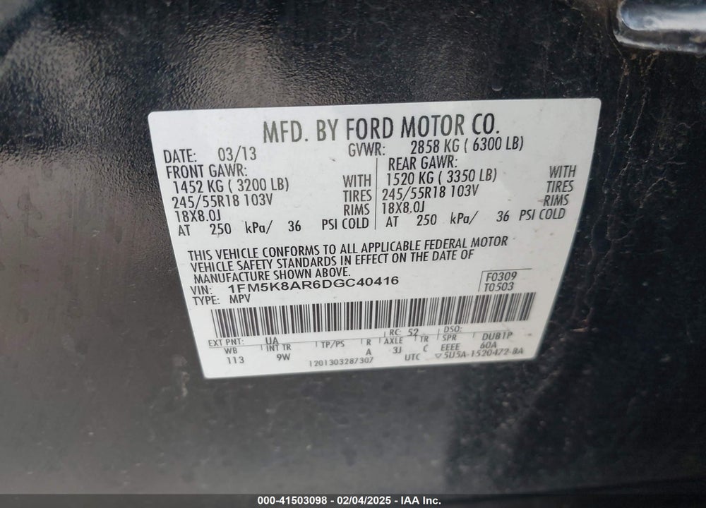 2013 FORD POLICE INTERCEPTOR VIN: 1FM5K8AR6DGC40416