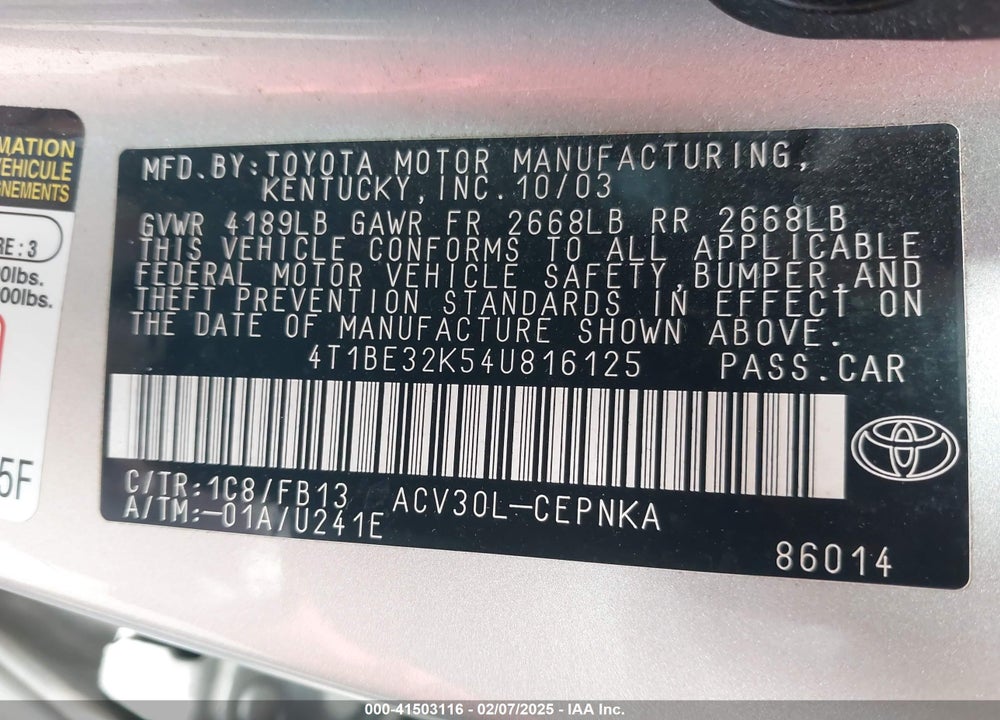 2004 TOYOTA CAMRY VIN: 4T1BE32K54U816125