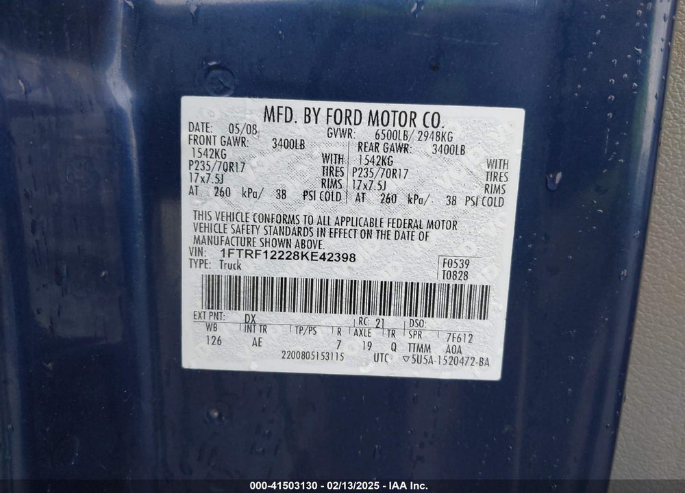 2008 FORD F-150 VIN: 1FTRF12228KE42398