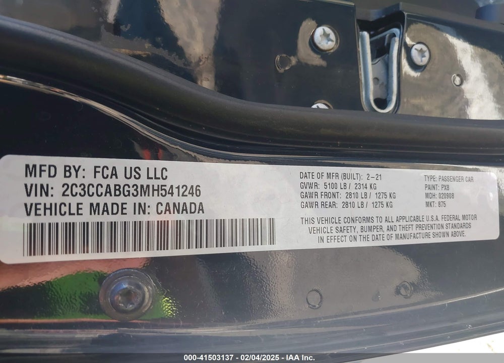 2021 CHRYSLER 300 VIN: 2C3CCABG3MH541246
