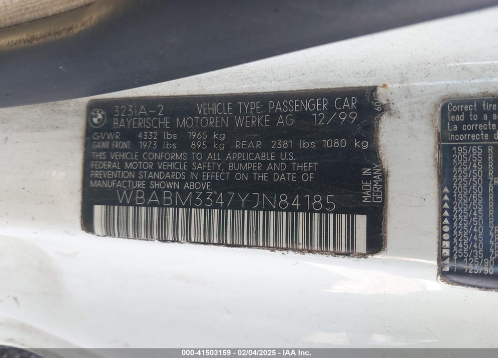 2000 BMW 323CI VIN: WBABM3347YJN84185