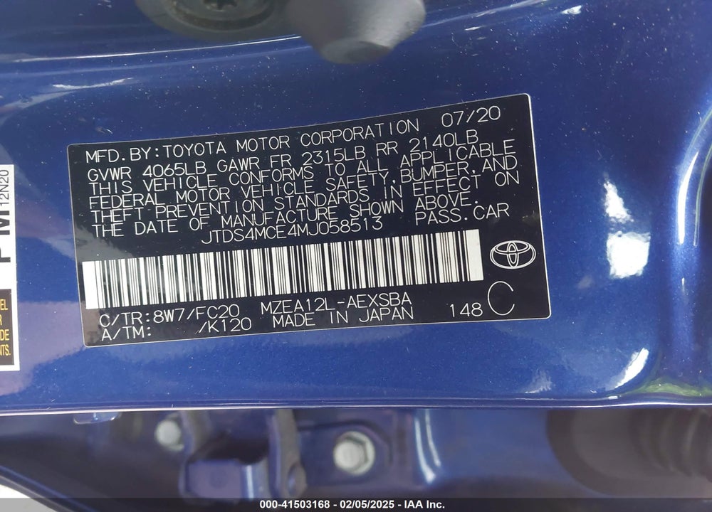 2021 TOYOTA COROLLA VIN: JTDS4MCE4MJ058513