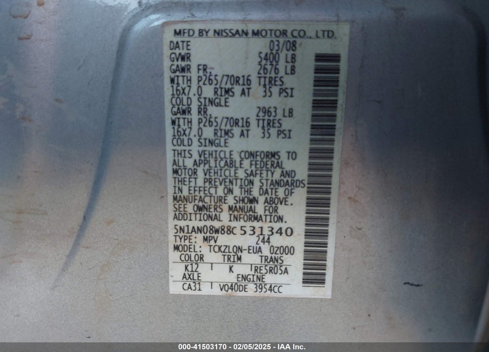 2008 NISSAN XTERRA X VIN: 5N1AN08W88C531340