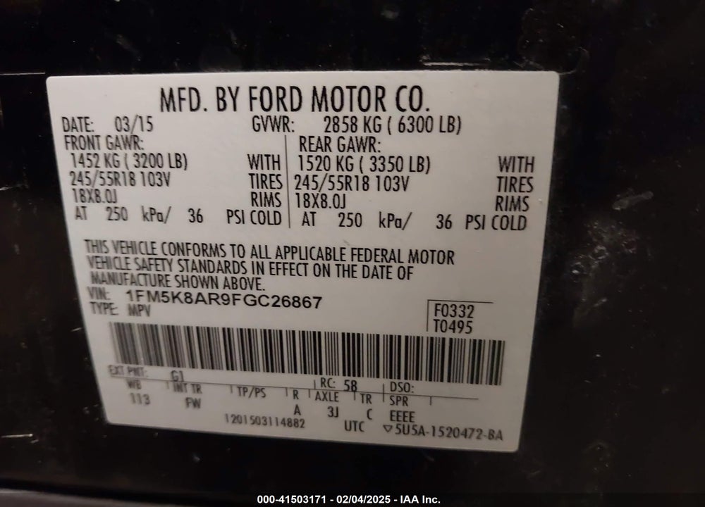 2015 FORD POLICE INTERCEPTOR VIN: 1FM5K8AR9FGC26867