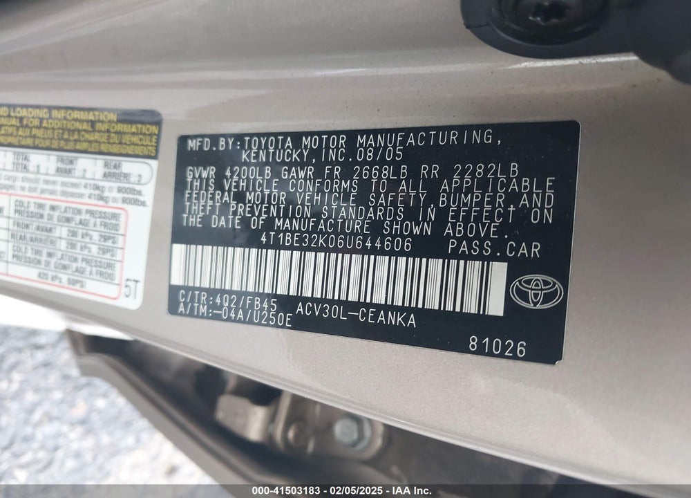 2006 TOYOTA CAMRY VIN: 4T1BE32K06U644606