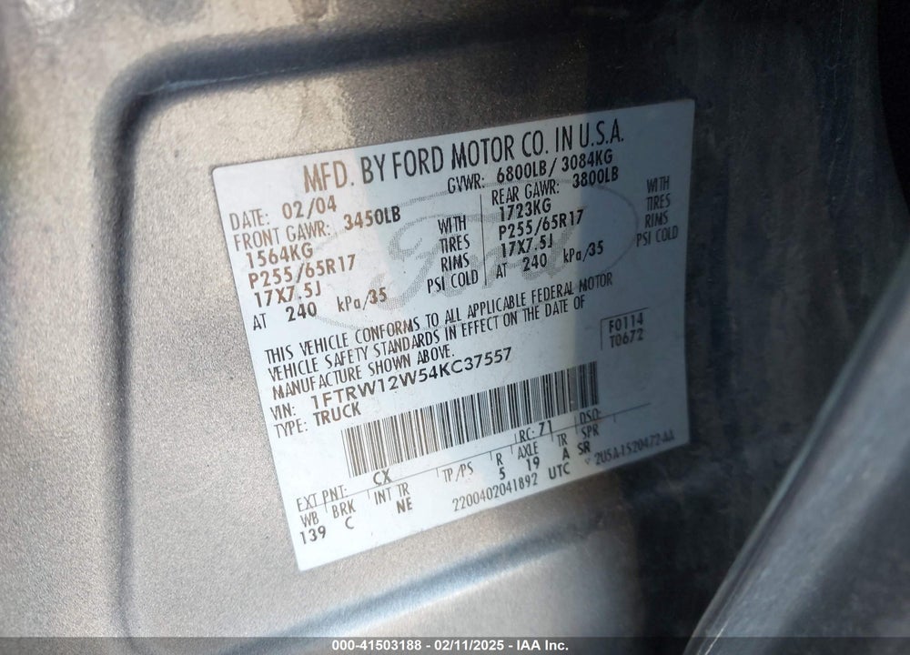 2004 FORD F-150 XLT VIN: 1FTRW12W54KC37557
