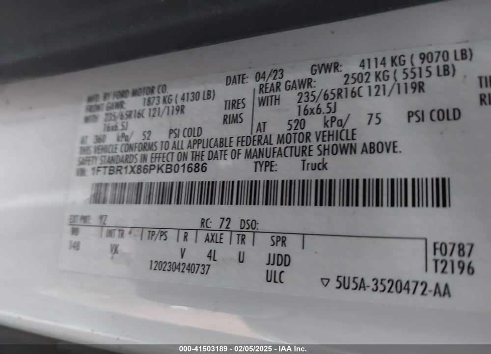 2023 FORD TRANSIT-250 VIN: 1FTBR1X86PKB01686