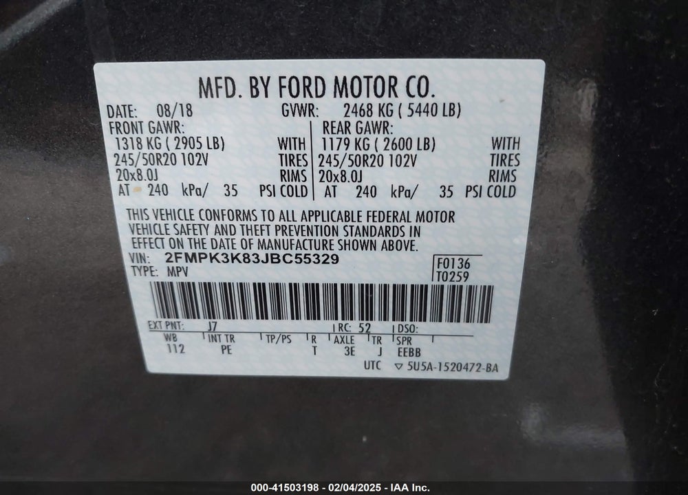 2018 FORD EDGE TITANIUM VIN: 2FMPK3K83JBC55329