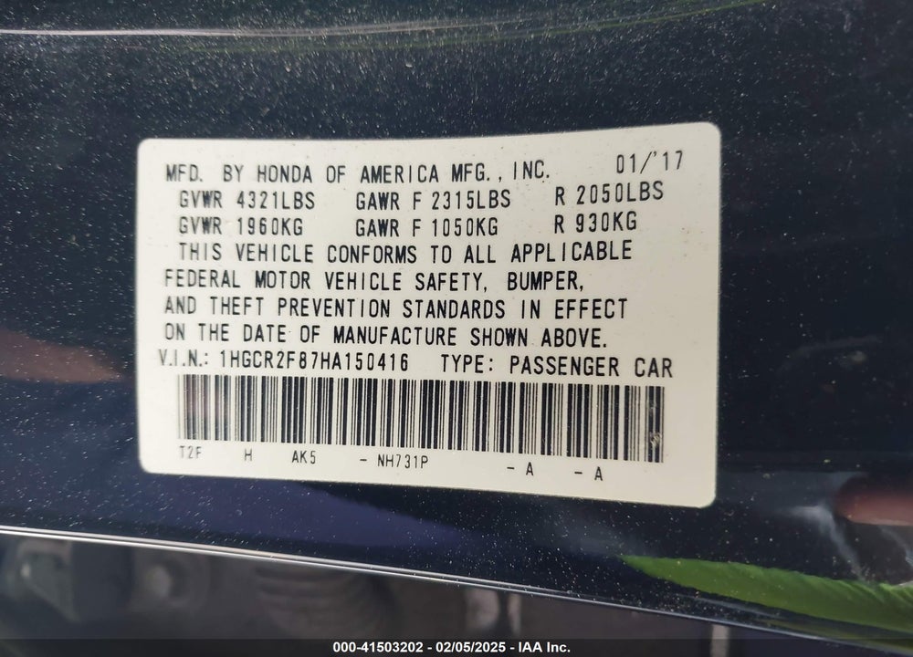 2017 HONDA ACCORD VIN: 1HGCR2F87HA150416