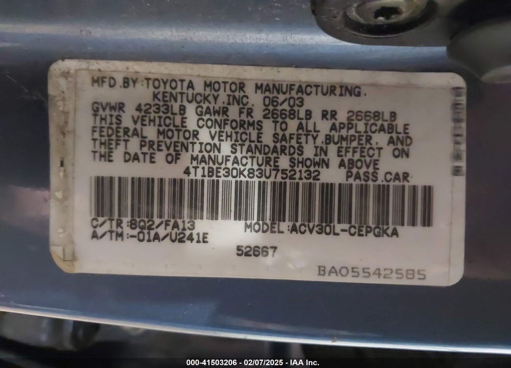 2003 TOYOTA CAMRY XLE VIN: 4T1BE30K83U752132