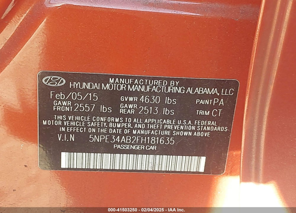 2015 HYUNDAI SONATA VIN: 5NPE34AB2FH181635