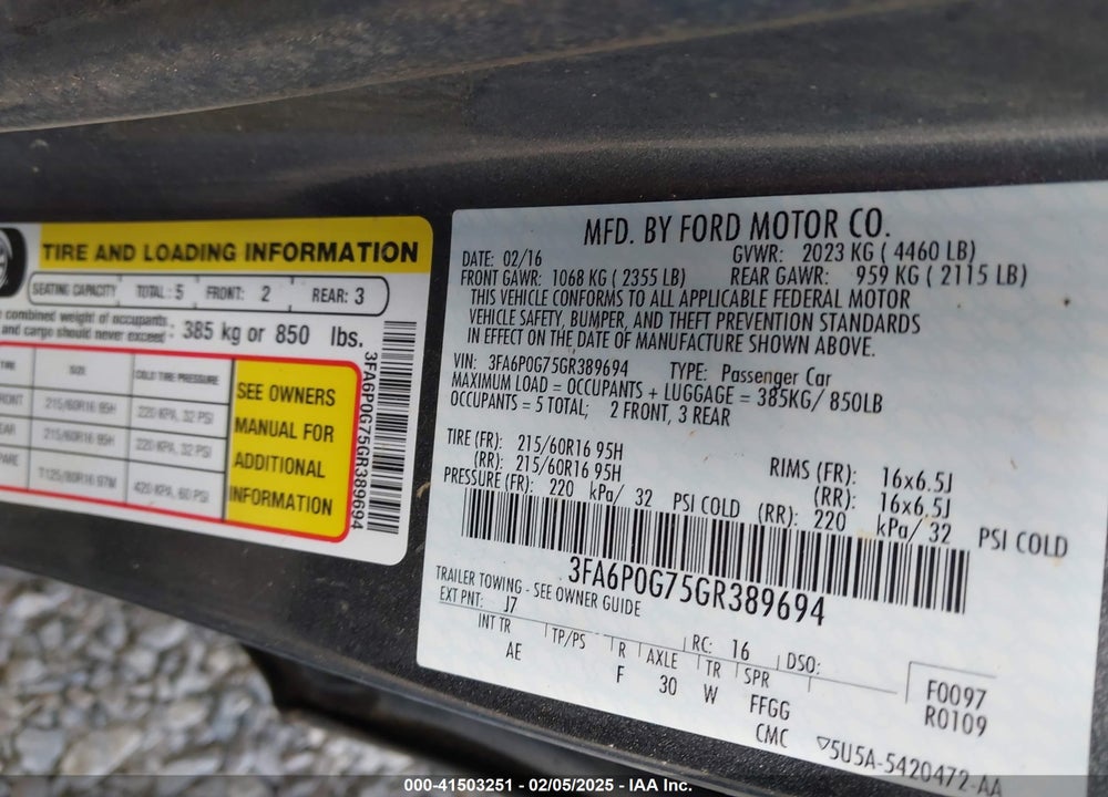 2016 FORD FUSION VIN: 3FA6P0G75GR389694