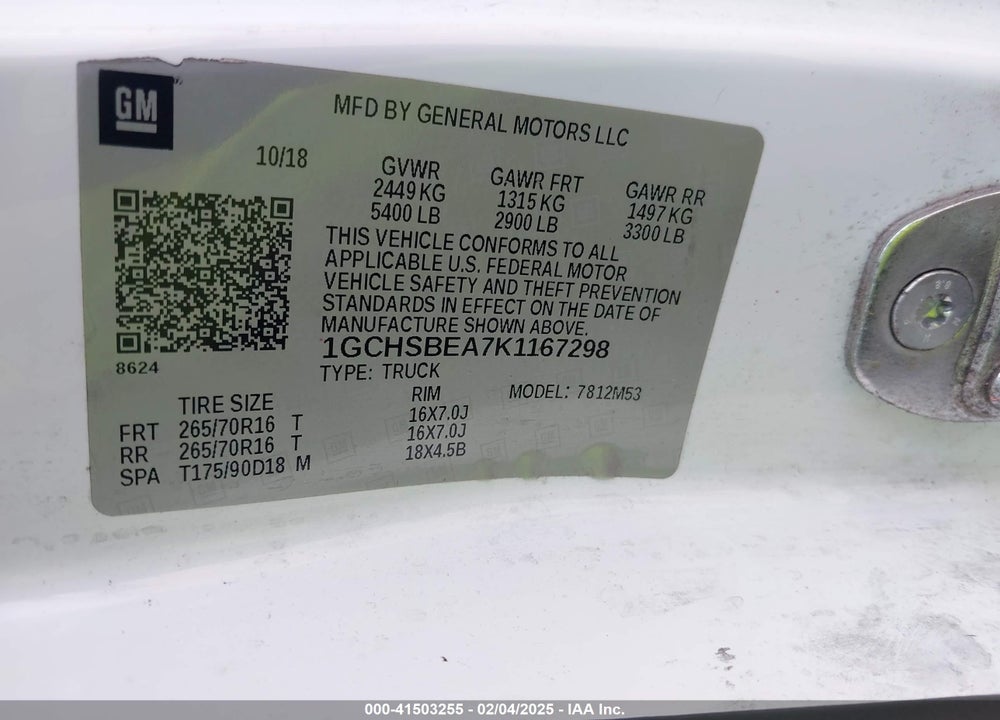 2019 CHEVROLET COLORADO VIN: 1GCHSBEA7K1167298