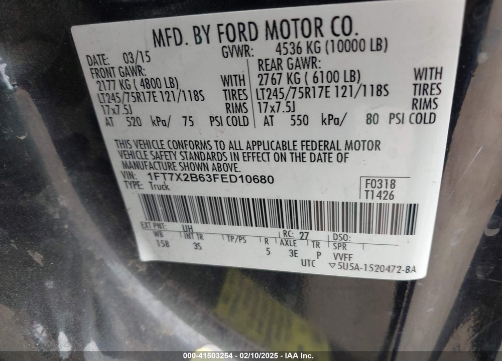 2015 FORD F-250 VIN: 1FT7X2B63FED10680