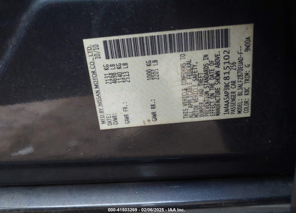 2011 NISSAN MAXIMA 3.5 SV VIN: 1N4AA5AP3BC815102