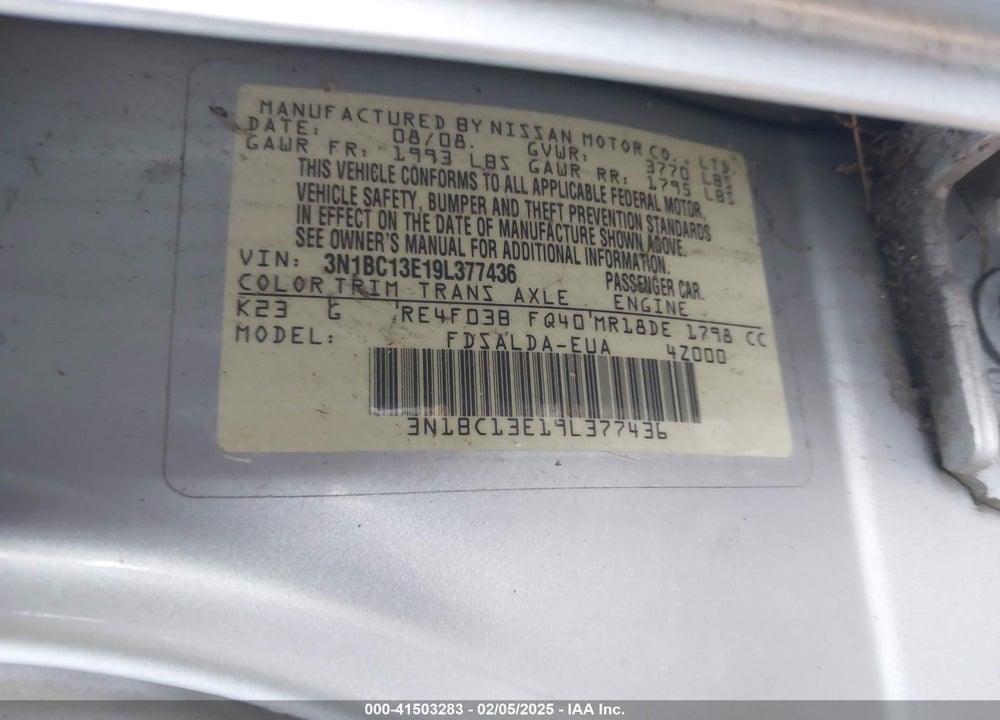 2009 NISSAN VERSA 1.8S VIN: 3N1BC13E19L377436