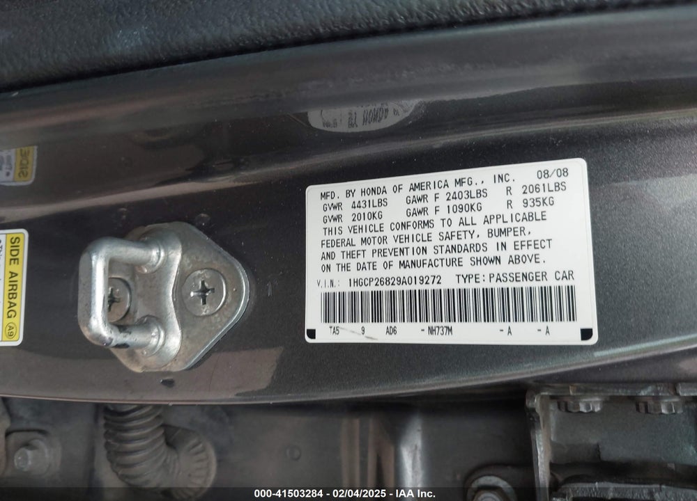 2009 HONDA ACCORD VIN: 1HGCP26829A019272