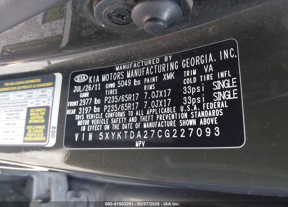 2012 KIA SORENTO LX V6 VIN: 5XYKTDA27CG227093