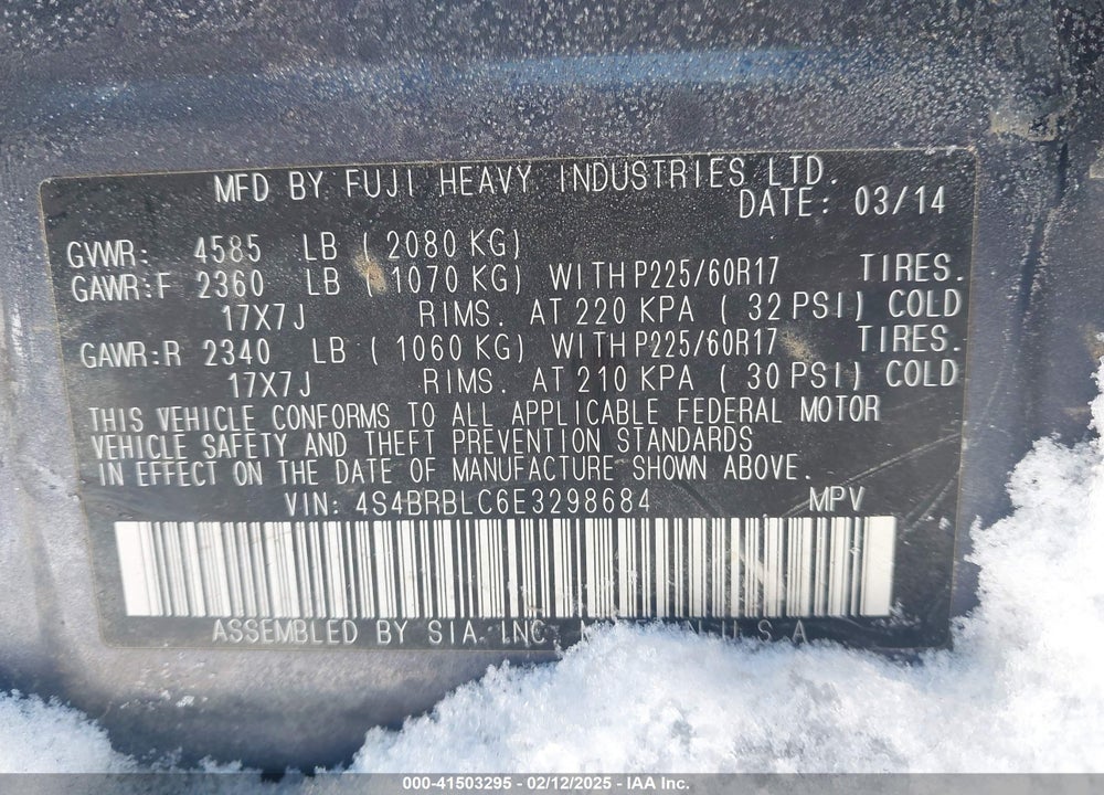2014 SUBARU OUTBACK 2.5I LIMITED VIN: 4S4BRBLC6E3298684