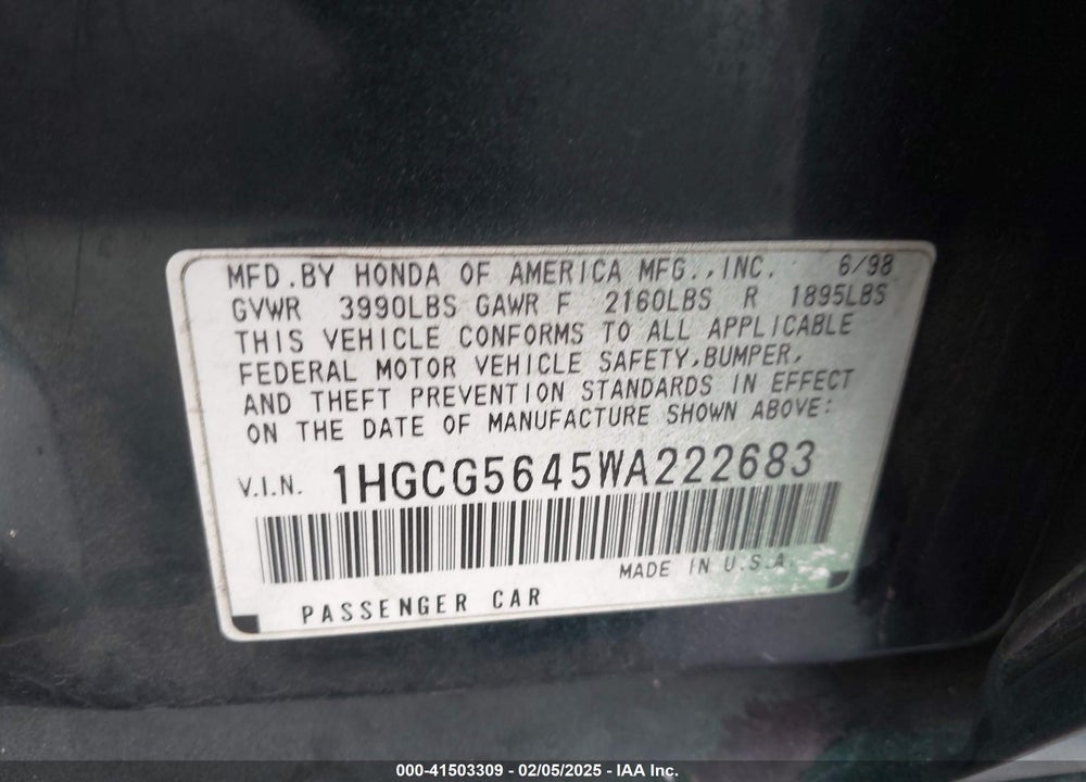 1998 HONDA ACCORD LX VIN: 1HGCG5645WA222683