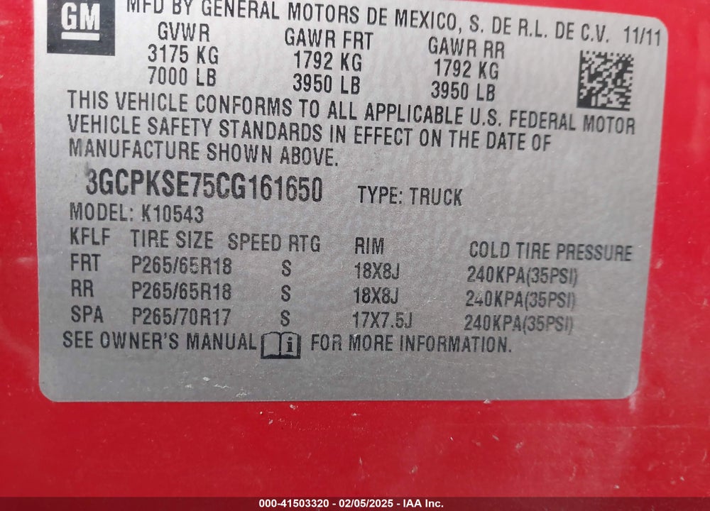 2012 CHEVROLET SILVERADO 1500 LT VIN: 3GCPKSE75CG161650
