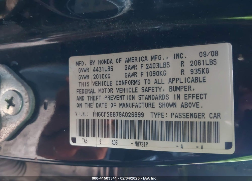 2009 HONDA ACCORD 2.4 EX-L VIN: 1HGCP26879A026699