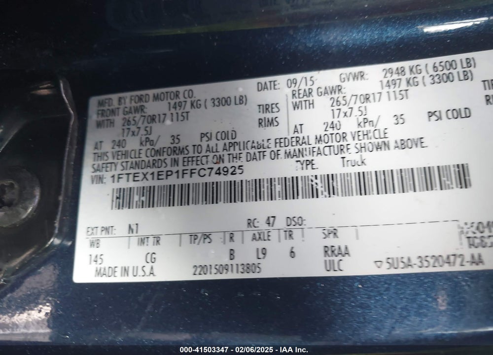 2015 FORD F-150 VIN: 1FTEX1EP1FFC74925