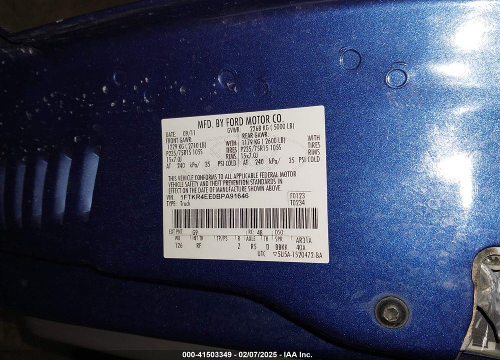 2011 FORD RANGER SPORT VIN: 1FTKR4EE0BPA91646