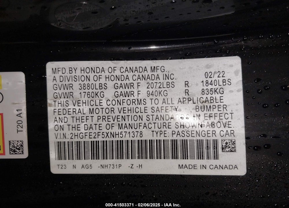 2022 HONDA CIVIC SPORT VIN: 2HGFE2F5XNH571378
