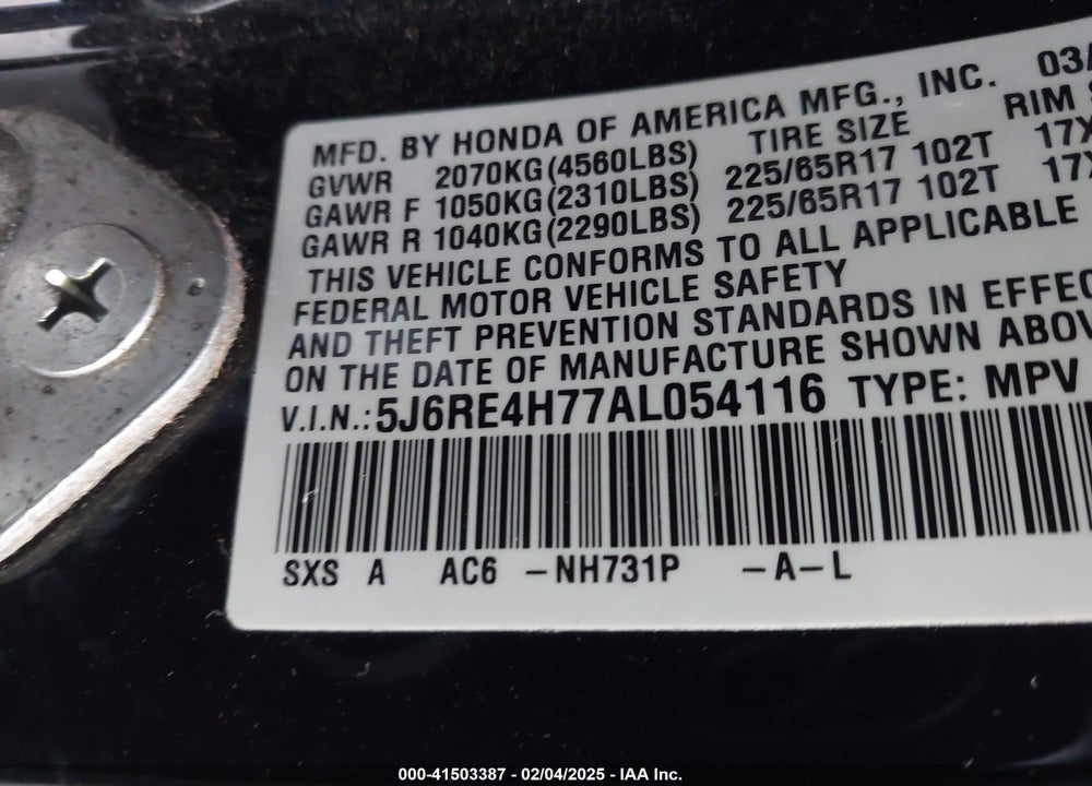 2010 HONDA CR-V VIN: 5J6RE4H77AL054116