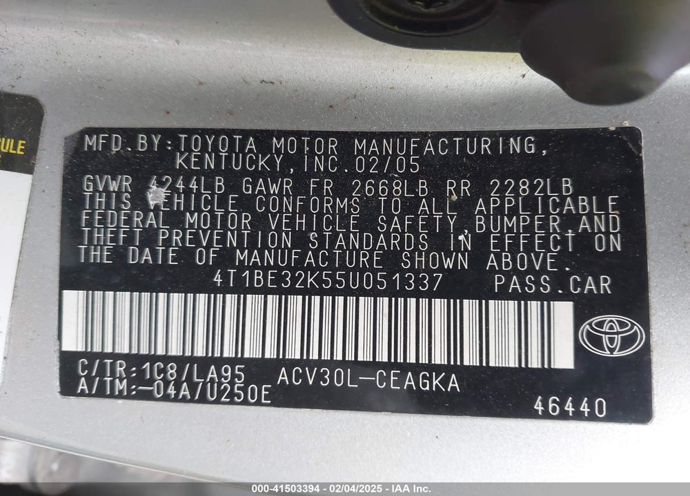 2005 TOYOTA CAMRY VIN: 4T1BE32K55U051337