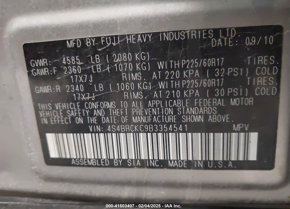 2011 SUBARU OUTBACK 2.5I LIMITED VIN: 4S4BRCKC9B3354541