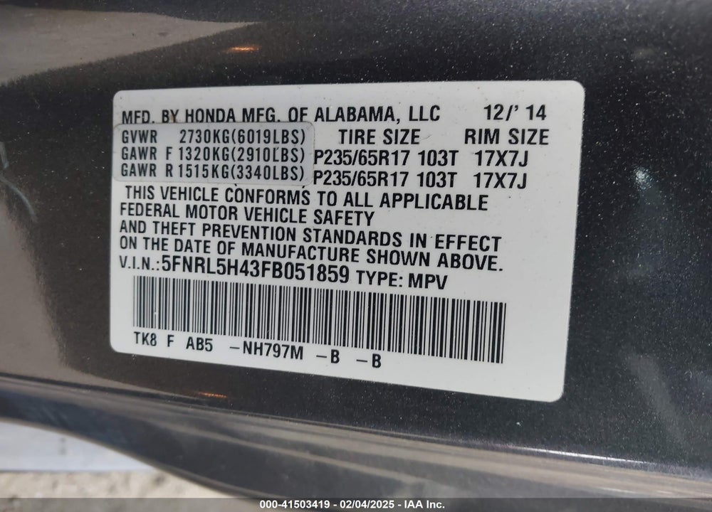 2015 HONDA ODYSSEY EX VIN: 5FNRL5H43FB051859
