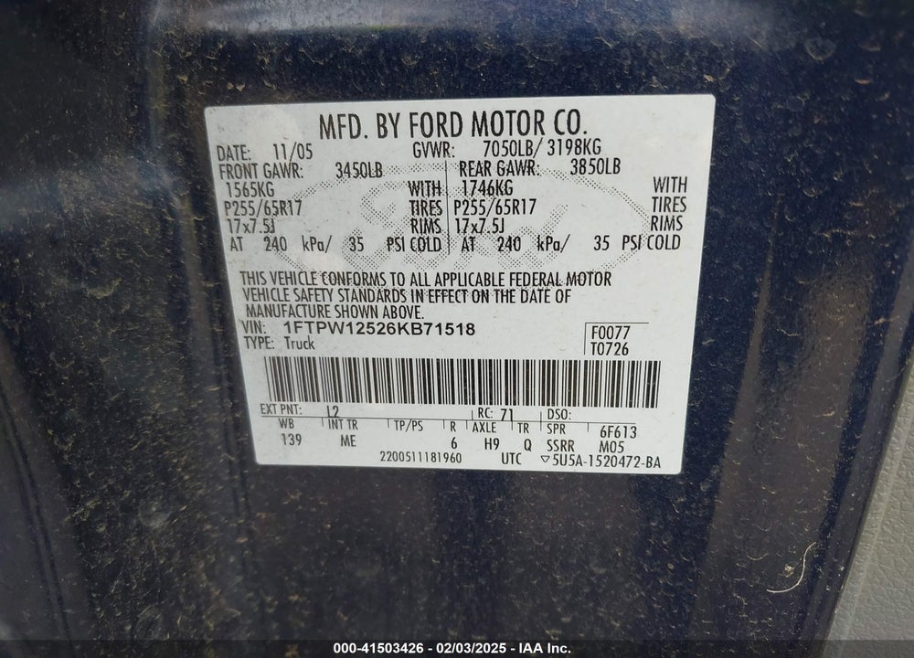 2006 FORD F-150 VIN: 1FTPW12526KB71518