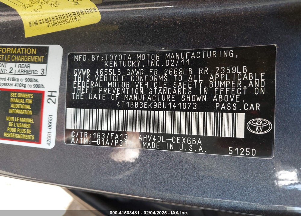 2011 TOYOTA CAMRY HYBRID VIN: 4T1BB3EK9BU141073