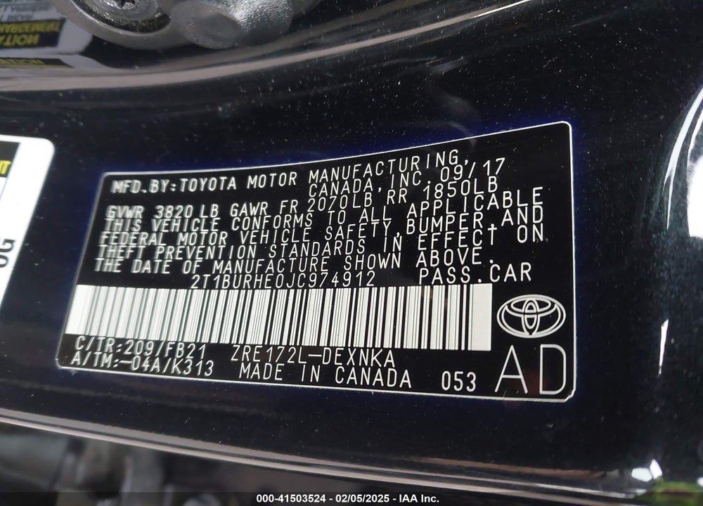 2018 TOYOTA COROLLA VIN: 2T1BURHE0JC974912