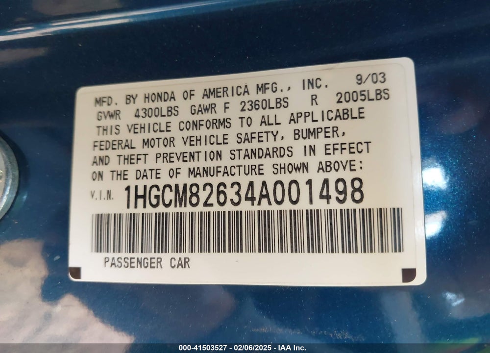 2004 HONDA ACCORD 3.0 EX VIN: 1HGCM82634A001498