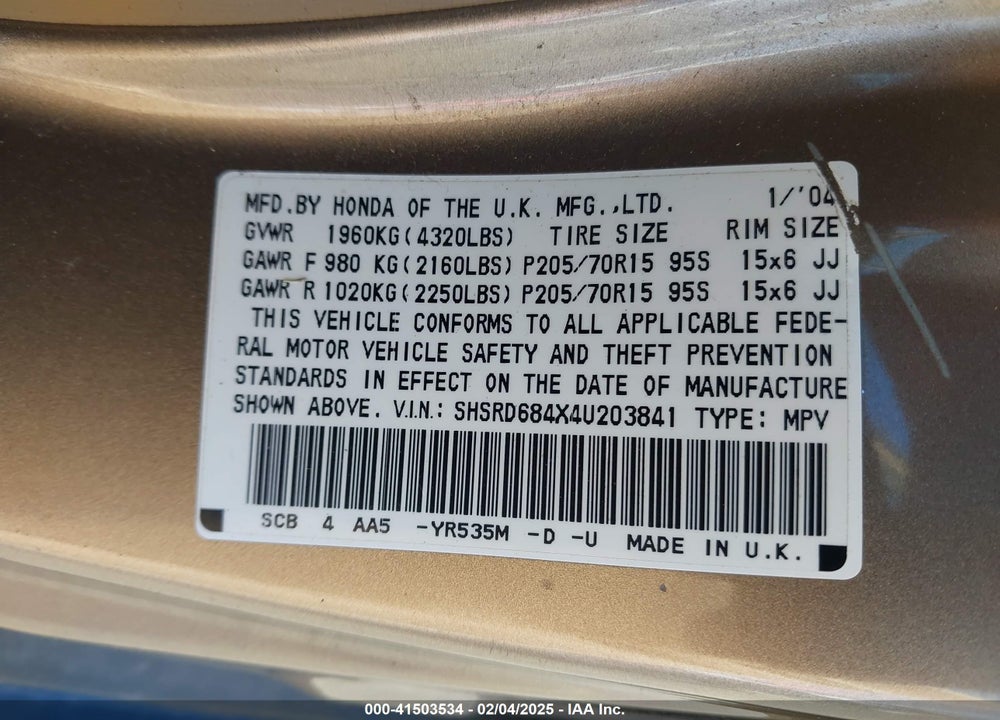 2004 HONDA CR-V LX VIN: SHSRD684X4U203841