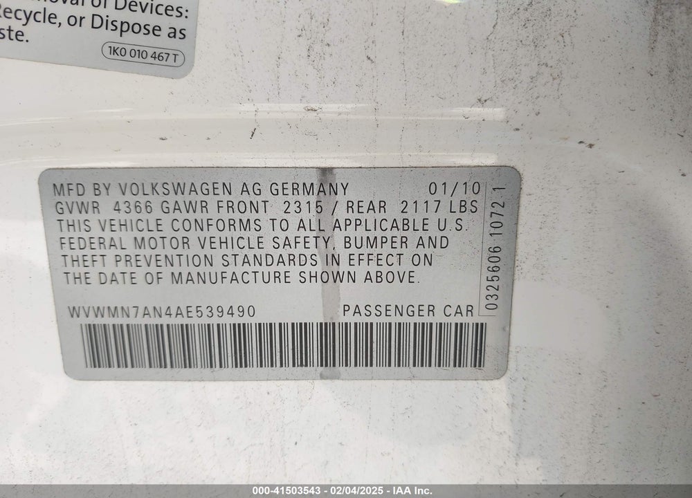 2010 VOLKSWAGEN CC SPORT VIN: WVWMN7AN4AE539490