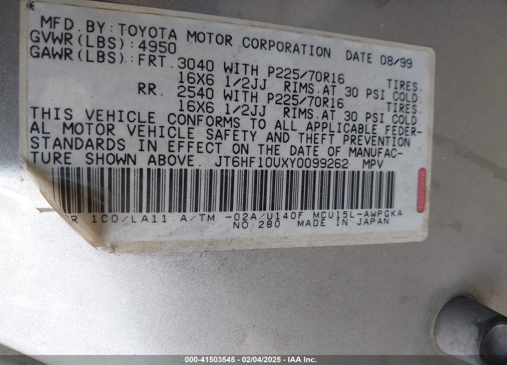 2000 LEXUS RX 300 VIN: JT6HF10UXY0099262
