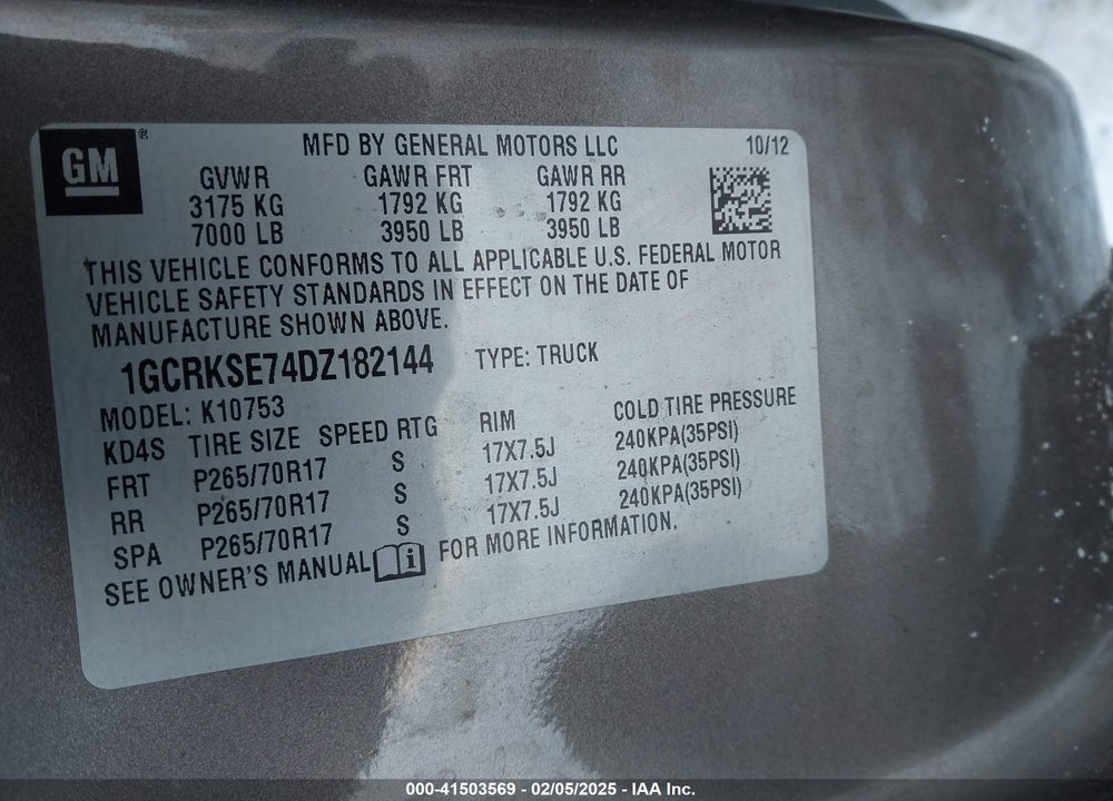 2013 CHEVROLET SILVERADO VIN: 1GCRKSE74DZ182144