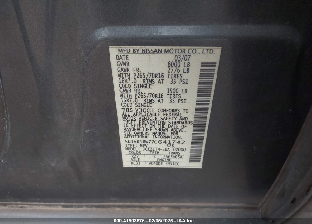 2007 NISSAN PATHFINDER SE VIN: 5N1AR18W77C641742