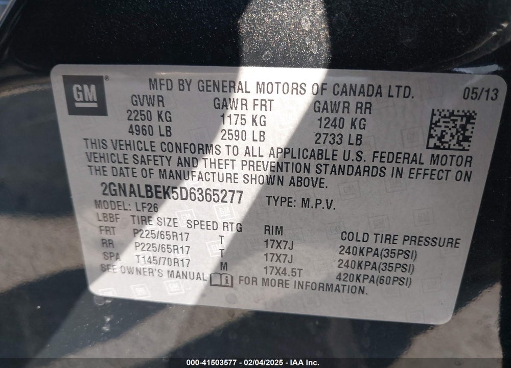 2013 CHEVROLET EQUINOX LS VIN: 2GNALBEK5D6365277