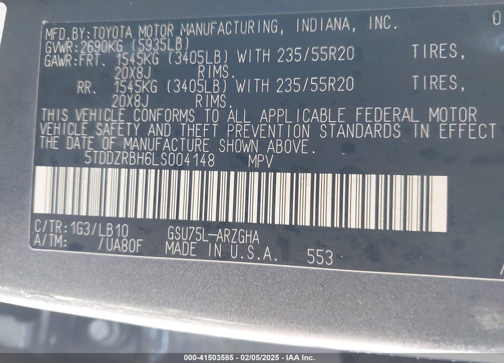 2020 TOYOTA HIGHLANDER VIN: 5TDDZRBH6LS004148
