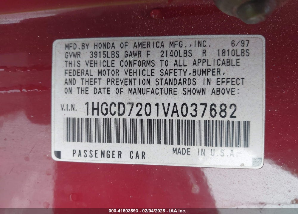 1997 HONDA ACCORD CPE SPECIAL EDITION VIN: 1HGCD7201VA037682