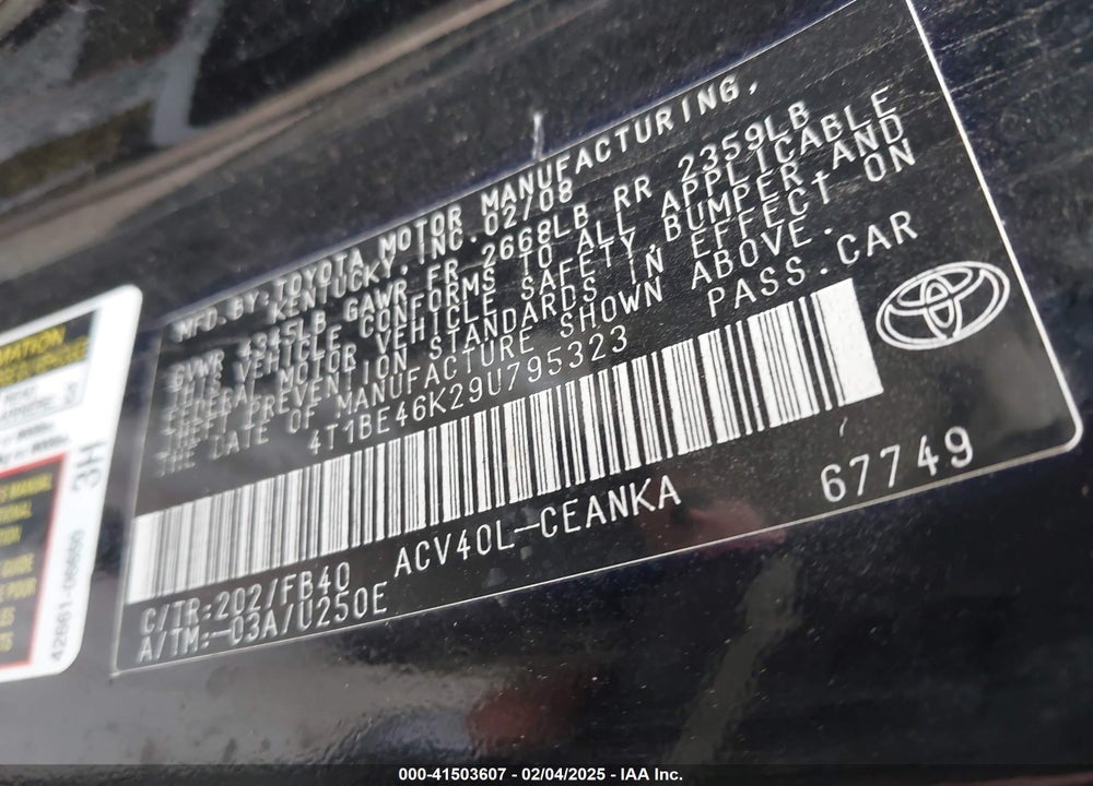 2009 TOYOTA CAMRY SE/LE/XLE VIN: 4T1BE46K29U795323