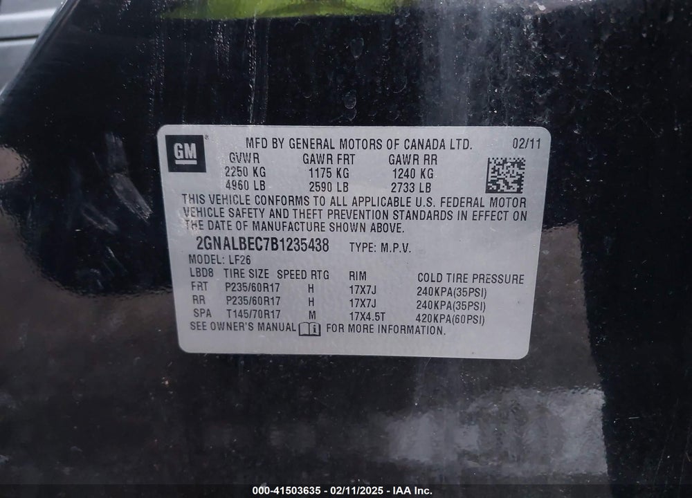 2011 CHEVROLET EQUINOX LS VIN: 2GNALBEC7B1235438