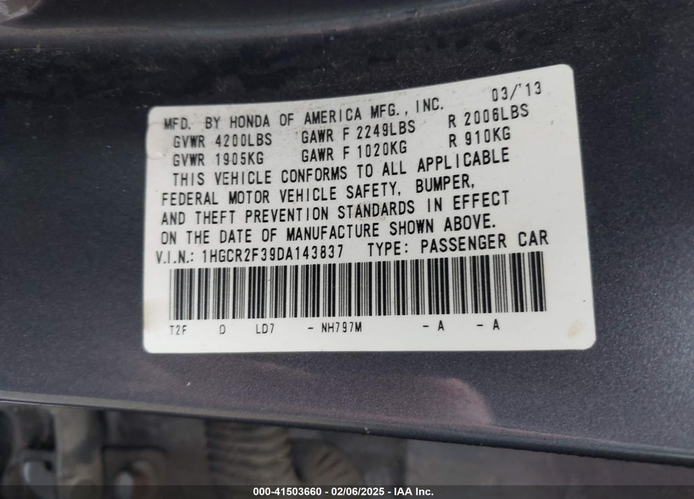 2013 HONDA ACCORD LX VIN: 1HGCR2F39DA143837