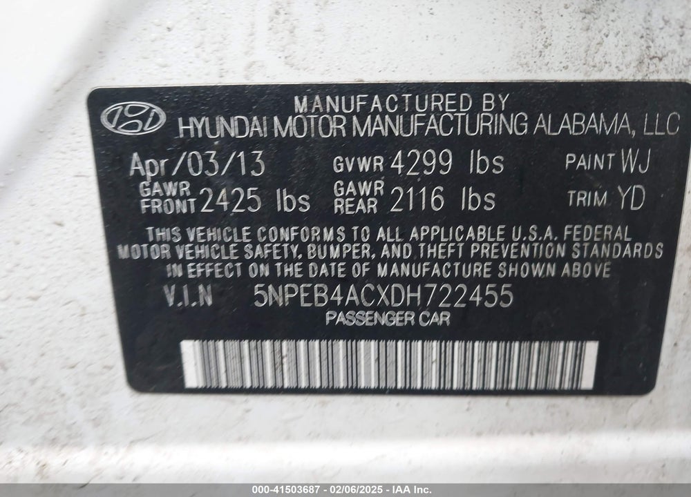 2013 HYUNDAI SONATA GLS VIN: 5NPEB4ACXDH722455