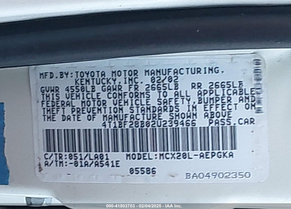 2002 TOYOTA AVALON XLS VIN: 4T1BF28B02U239466